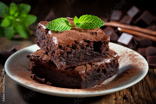 Chocolate brownies with melted chocolate and mint leaves in a white plate photo