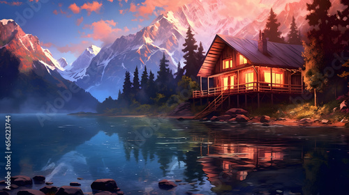 beautiful natural scenery forest lake and mountains illustration style photo