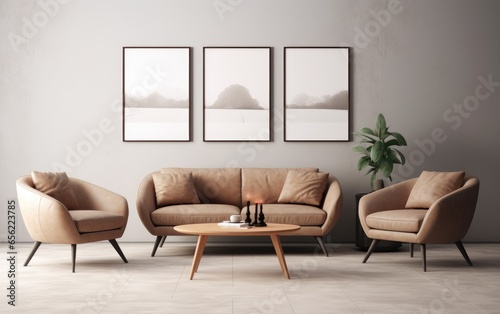 Leather sofa and chairs in a modern interior. Generative AI
