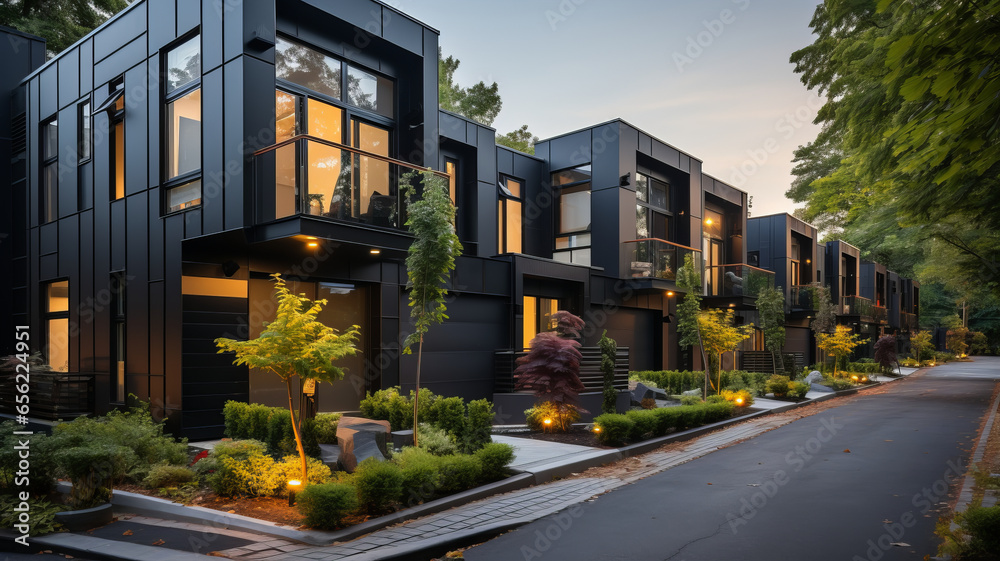 Modern modular private black townhouses. Residential architecture exterior.generative ai