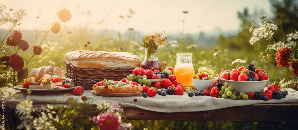 Organic berries apples and vegetables make for a balanced snack at a summer picnic in nature Organic berries apples and vegetables make for a balanced snack at a summer picnic in nature