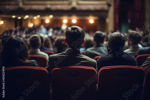back view of an audience in an auditorium or hall listening to a speaker giving a lecture © sam