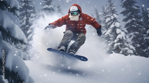 Santa Claus snowboarding down a snowy slope. Cool Santa with extreme winter sports hobby. Snowboard equipment for Christmas season. Exciting and fun ride and activity in mountains.