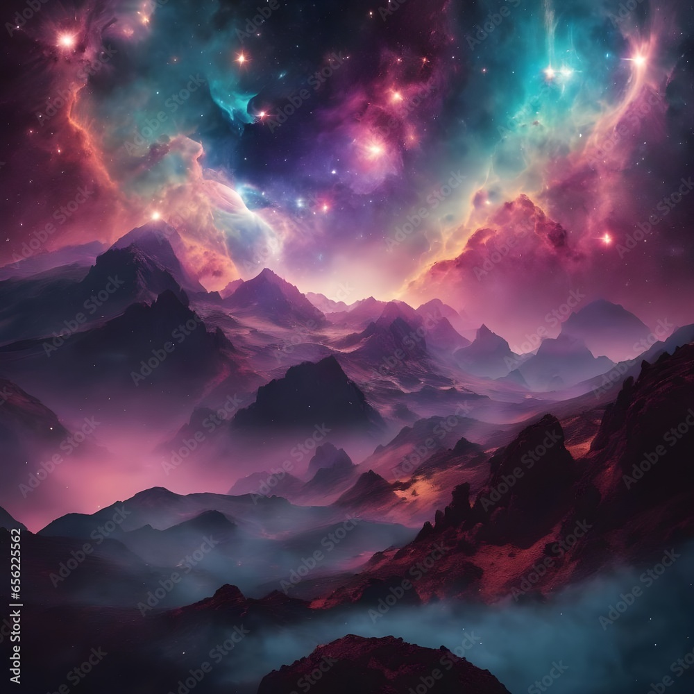 Create an artwork inspired by the mesmerizing colors and shapes of a nebula. Imagine a dreamy, otherworldly landscape filled with intricate nebular formation generative ai