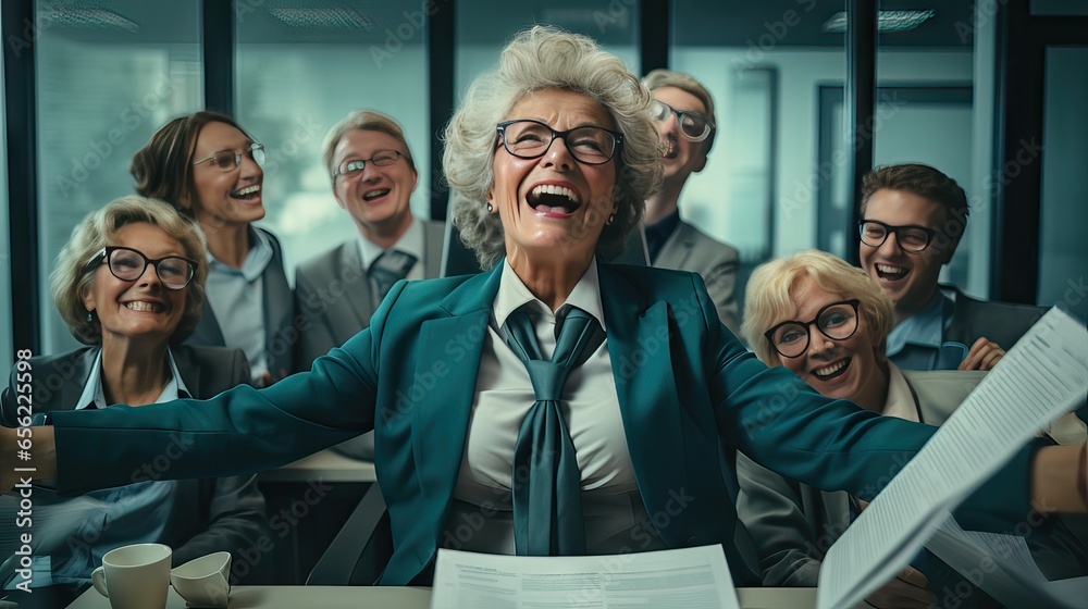 A smiling boss celebrates amid his team in the office, exuding a cheerful and vigorous demeanor, conveying calm, joy, relaxation, and positivity upon achieving goals. Generative AI A smiling boss celebrates amid his team in the office, exuding a cheerful and vigorous demeanor, conveying calm, joy, relaxation, and positivity upon achieving goals. Generative AI