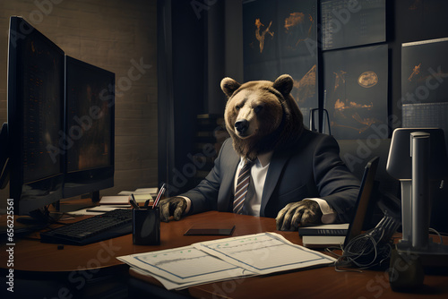 portrait of bear wearing business suit in office
