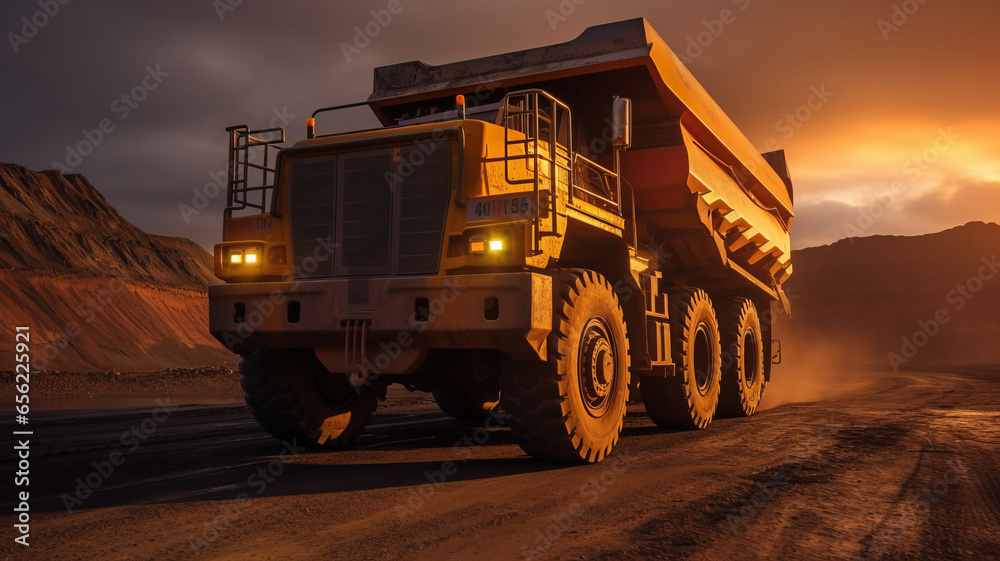 Big yellow mining truck for coal anthracite. Open pit mine industry.