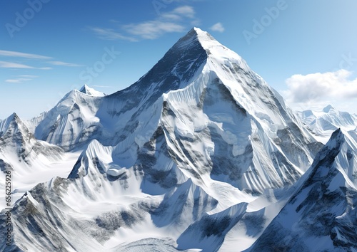 mountain is shown in the background of the image, in the style of realistic hyper-detailed rendering, creased, dark white and sky-blue, creative commons attribution, photo-realistic, himalayan art © Alex