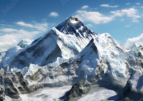 mountain is shown in the background of the image, in the style of realistic hyper-detailed rendering, creased, dark white and sky-blue, creative commons attribution, photo-realistic, himalayan art © Alex
