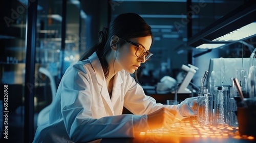 Young woman researcher working in laboratory of research institute innovative medicines and vaccines
