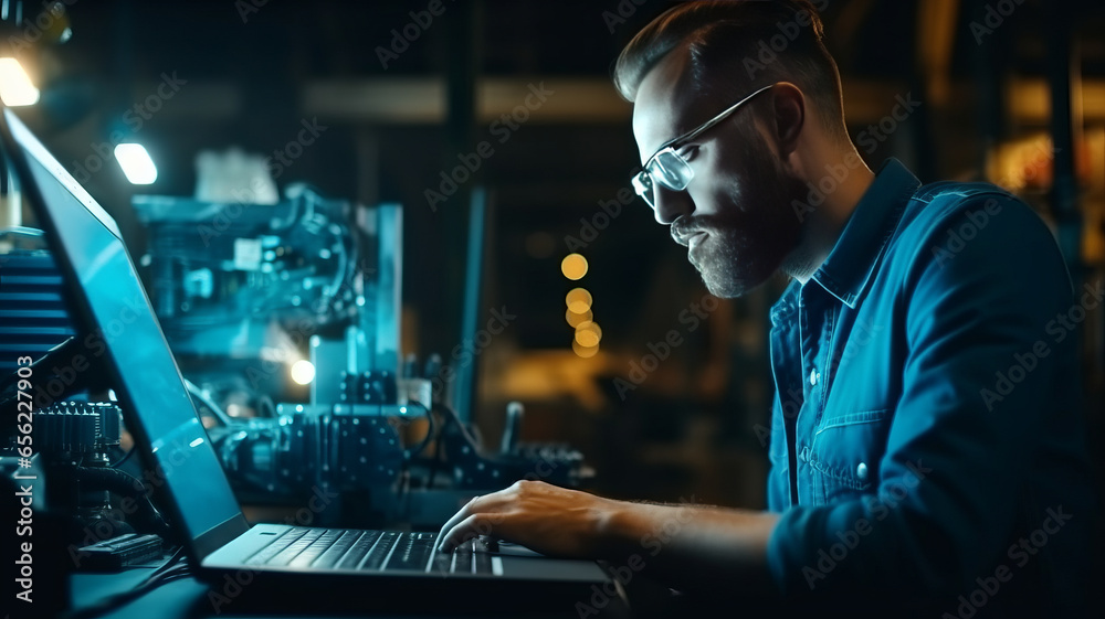 Professional worker using laptop for checking machine in manufacturing industry.