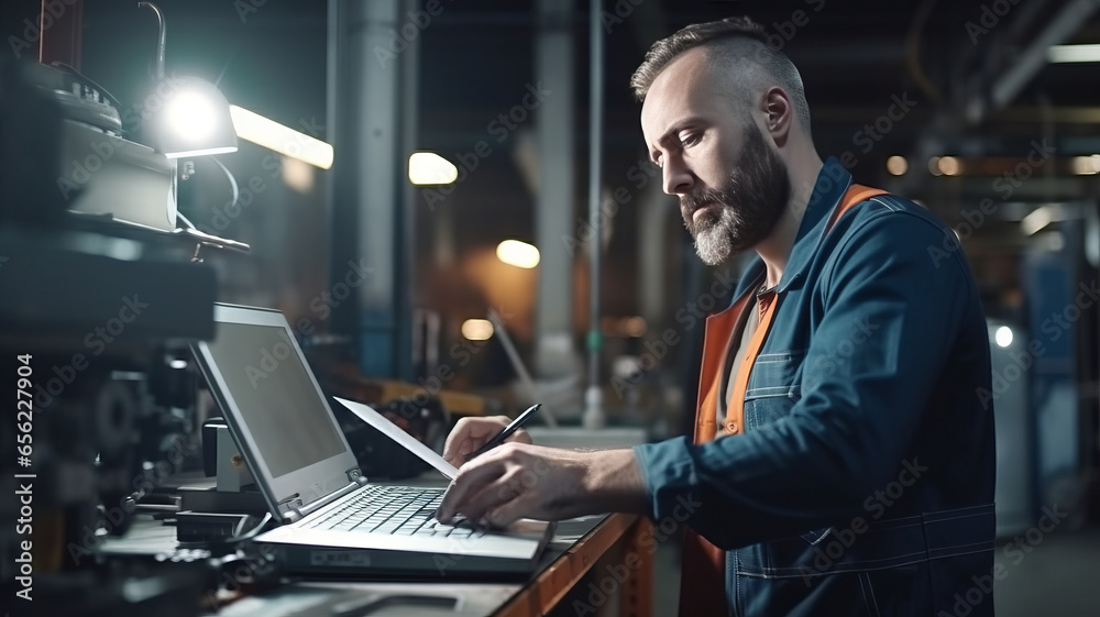 Professional worker using laptop for checking machine in manufacturing industry.