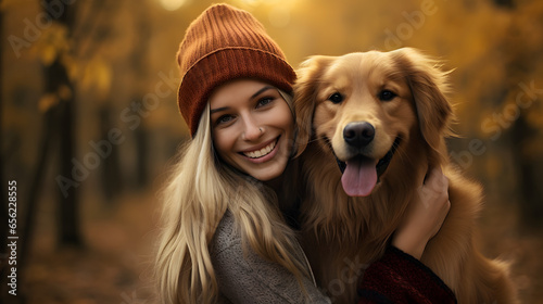 Woman in hat smiling happily with dog ,Generative Ai © Happy People