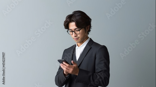 Thoughtful young Asian man with a smart phone on gray background generative ai