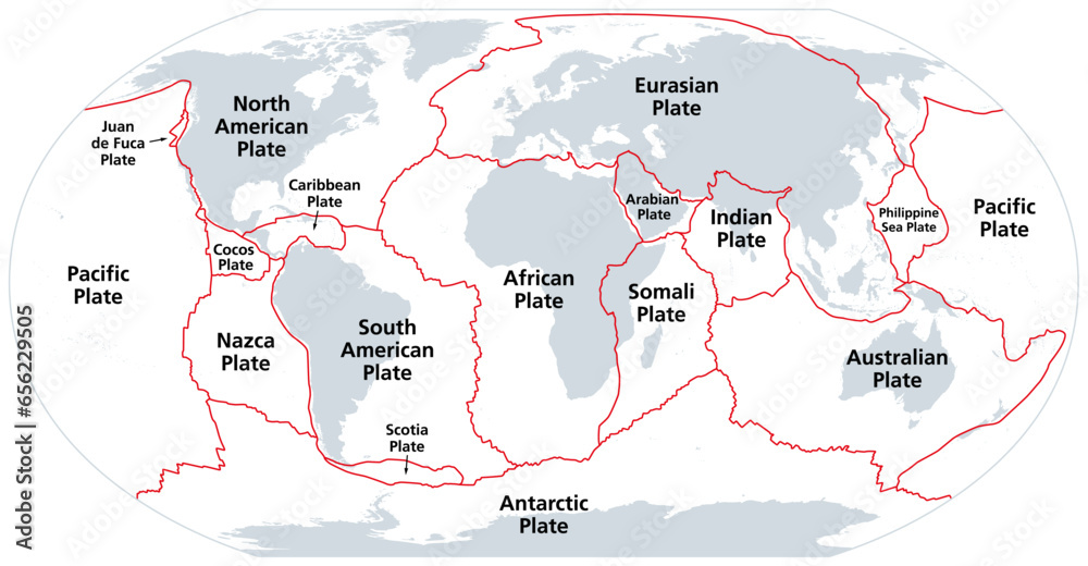 Principal tectonic plates of the Earth, gray map. The sixteen major pieces of crust and uppermost mantle of the Earth, called the lithosphere, and consisting of oceanic and continental crust. Vector.