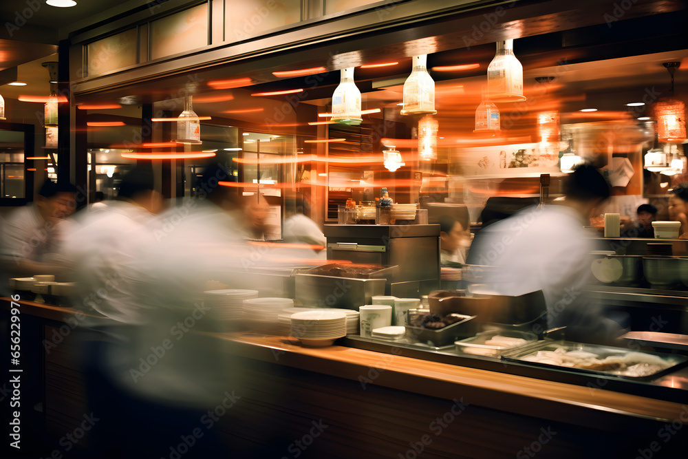 Busy Japanese restaurant. blurred staff in motion