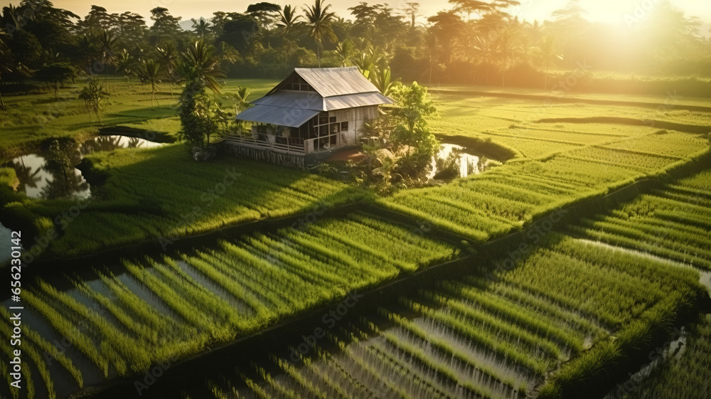 Beautiful house, corner inside the middle of the house. Rice fields. - obrazy, fototapety, plakaty 