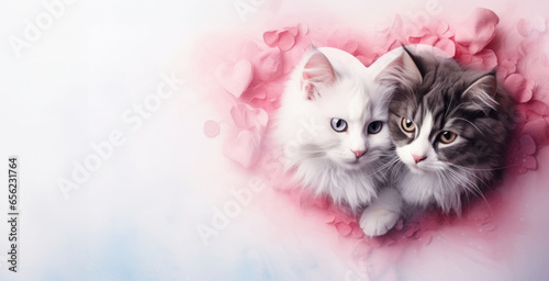 Banner for Valentine's Day, two fluffy cats in a big heart on a pink background © Liana