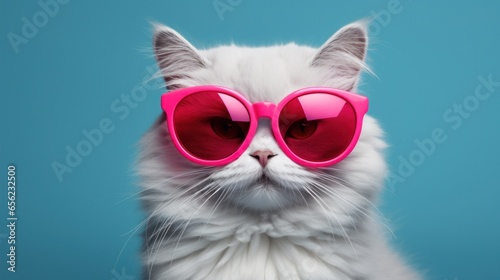 beautiful white cat wearing pink glasses, on an isolated blue background.