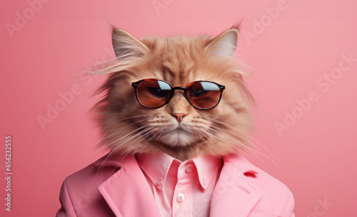 A red cat with a fashion-forward sense of style dons sleek glasses and a trendy pink suit, exuding an air of feline sophistication.