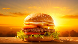 Golden Hour Burger: Capture a burger with sun rays streaming in, highlighting the juicy layers.