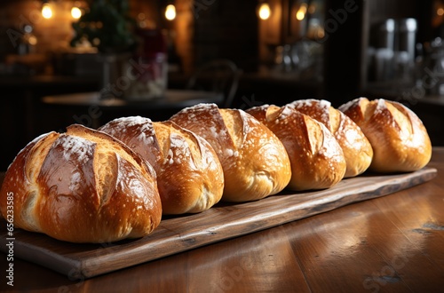 A row of rolls on a counter, bread in the style of rustic realism, village core, Frenchy, warm tonal range