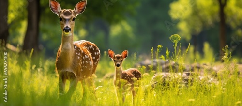 Fototapeta Naklejka Na Ścianę i Meble -  A female Indian deer and her cub graze peacefully on lush green grass in Sariska National Park surrounded by jungle trees