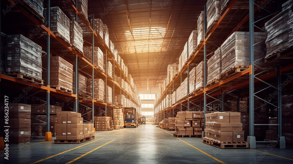 Panorama of huge distribution warehouse with high shelves with forklift at large warehouse. - obrazy, fototapety, plakaty 