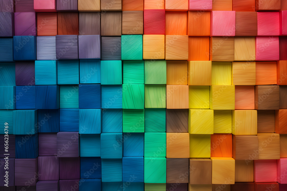 Colourful background of wooden blocks. A Spectrum of multi coloured wooden blocks aligned