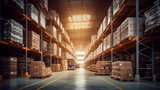 Panorama of huge distribution warehouse with high shelves with forklift at large warehouse.