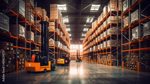 Panorama of huge distribution warehouse with high shelves with forklift at large warehouse.