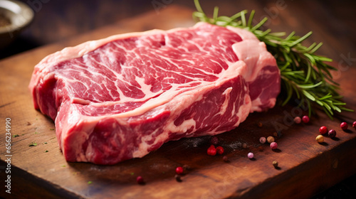 Raw Beauty: Close-up shot of a fresh, marbled steak on a butcher's block with a backdrop of rustic wood.