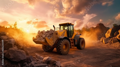 Wheel loader machine unloading rocks. Loader pours crushed stone or gravel from the bucket.