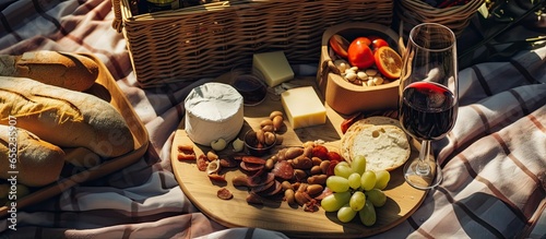 Birds eye view of red wine glasses cheese and bread on wooden tray Fruits on a blanket with a picnic basket on the grass
