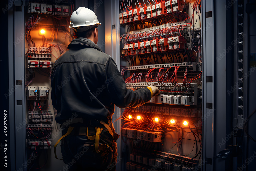 Electrical engineer wearing gloves test electrical installations and