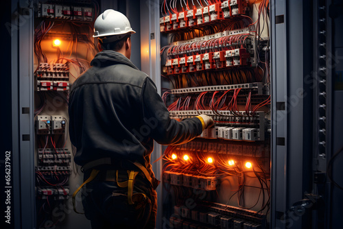 Electrical engineer wearing gloves test electrical installations and wiring on protective relays, measuring them with a multimeter