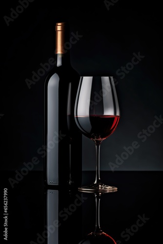 A bottle of wine and a glass of wine on a black background