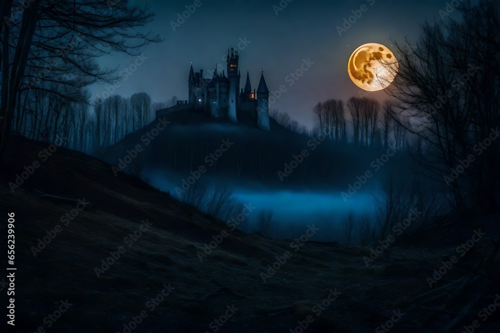 A castle located in a desolate, dead forest that foggy night. The moon shone down with an erie glow - AI Generative