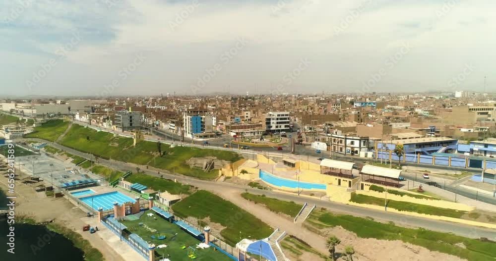 Aerial view around pools and a skate park on the coast of sunny Huacho, Peru Aerial view around pools and a skate park on the coast of sunny Huacho, Peru