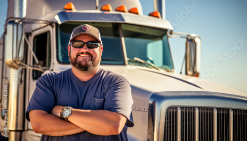 An overweight male truck driver is standing next to his truck, taking a break.generative ai