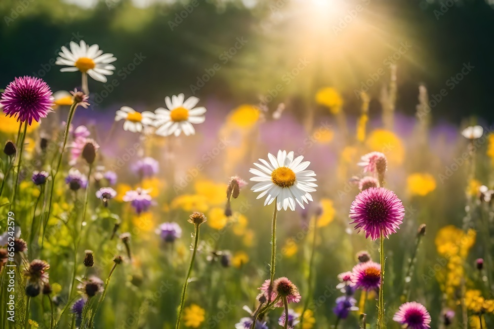 A close up of beautiful summer flowers in the meadow with blurred background - AI Generative