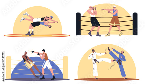 Boxing at ring. Professional athletes in sparring. Cartoon male wrestlers and boxers. Karate fight match. Sports competitions. Men punching and kicking with fists. Fighters vector set