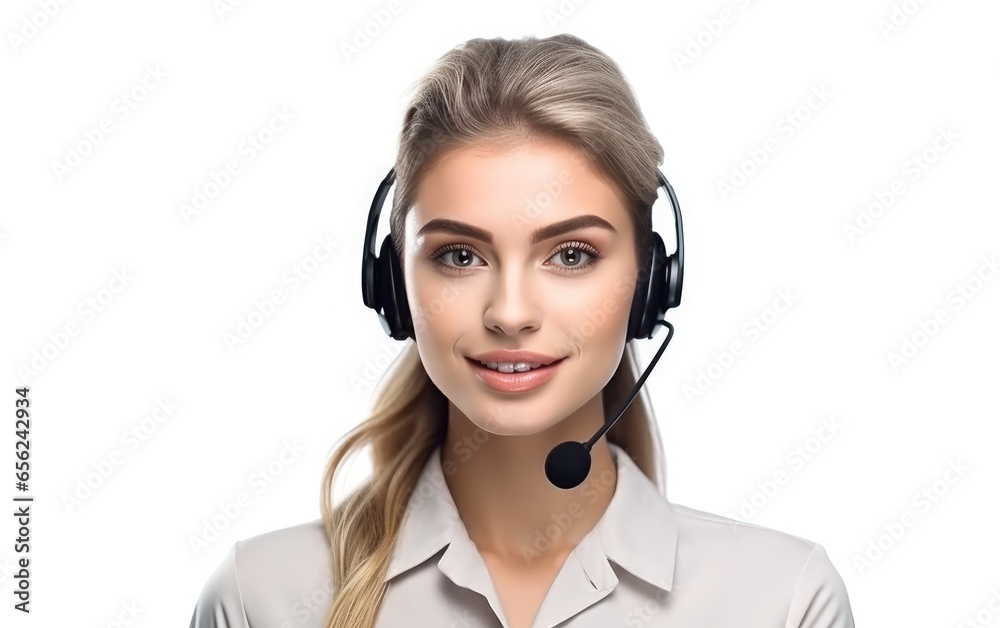 Call center woman on white background. Generative AI Call center woman on white background. Generative AI