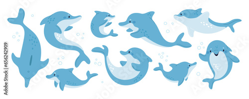 Cartoon cute dolphin characters. Funny marine wild animals. Friendly smart underwater mammals in different poses and actions. Ocean creatures dive and jump. Sea fish. Garish vector set