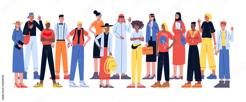Cartoon young people group. Multiracial persons in casual clothes. Guys and girls portrait in full growth. Social diversity. Multicultural students. Men and women crowd. Vector concept