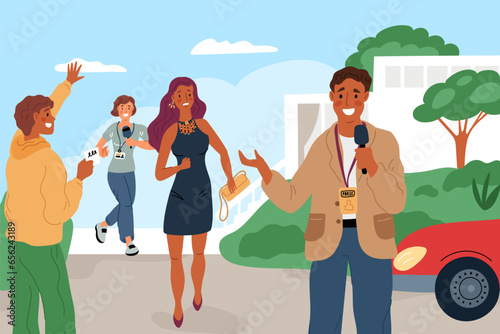 Celebrity girl. Paparazzi chasing beautiful woman. Attempt to interview fleeing famous person. Obsessive attention. Unhappy musician running from journalists. Garish vector concept