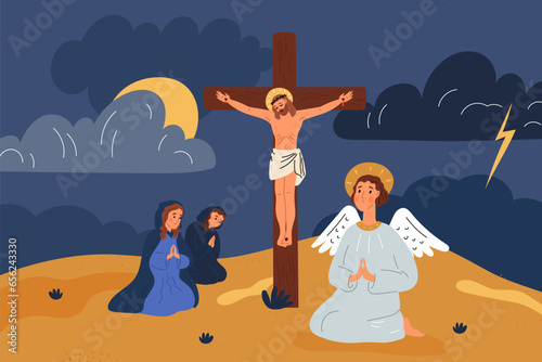 Christ crucifixion. Golgotha top with Jesus dying on Cross. Praying angel. Crying women. New testament scene. Religious history characters. Christian religion. Garish vector concept