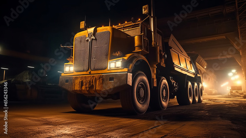Large quarry dump truck in coal mine at night. Loading coal into body work truck.generative ai