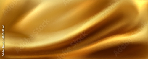 Golden silk fabric liquid texture. Realistic vector background of satin glossy cloth with abstract waves and ripples. Luxury soft smooth gold colored drapery with folds. Elegant material with wrinkles