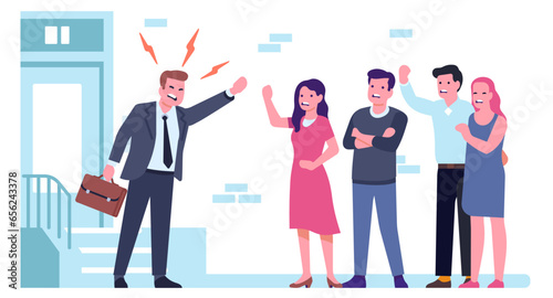 Conflict between residents and building manager. Loud shouting. People argue in house yard. disagreement with homeowner. Neighbors group. Annoyed men and women quarrel. Vector concept